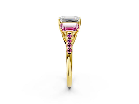 Yellow gold Three-Stone Emerald Cut Diamond Ring with Round with Pink Sapphire side stone Pavé Band and Prong Setting_2