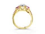 Yellow gold Three-Stone Emerald Cut Diamond Ring with Round with Pink Sapphire side stone Pavé Band and Prong Setting_3