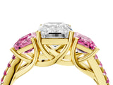 Yellow gold Three-Stone Emerald Cut Diamond Ring with Round with Pink Sapphire side stone Pavé Band and Prong Setting_4