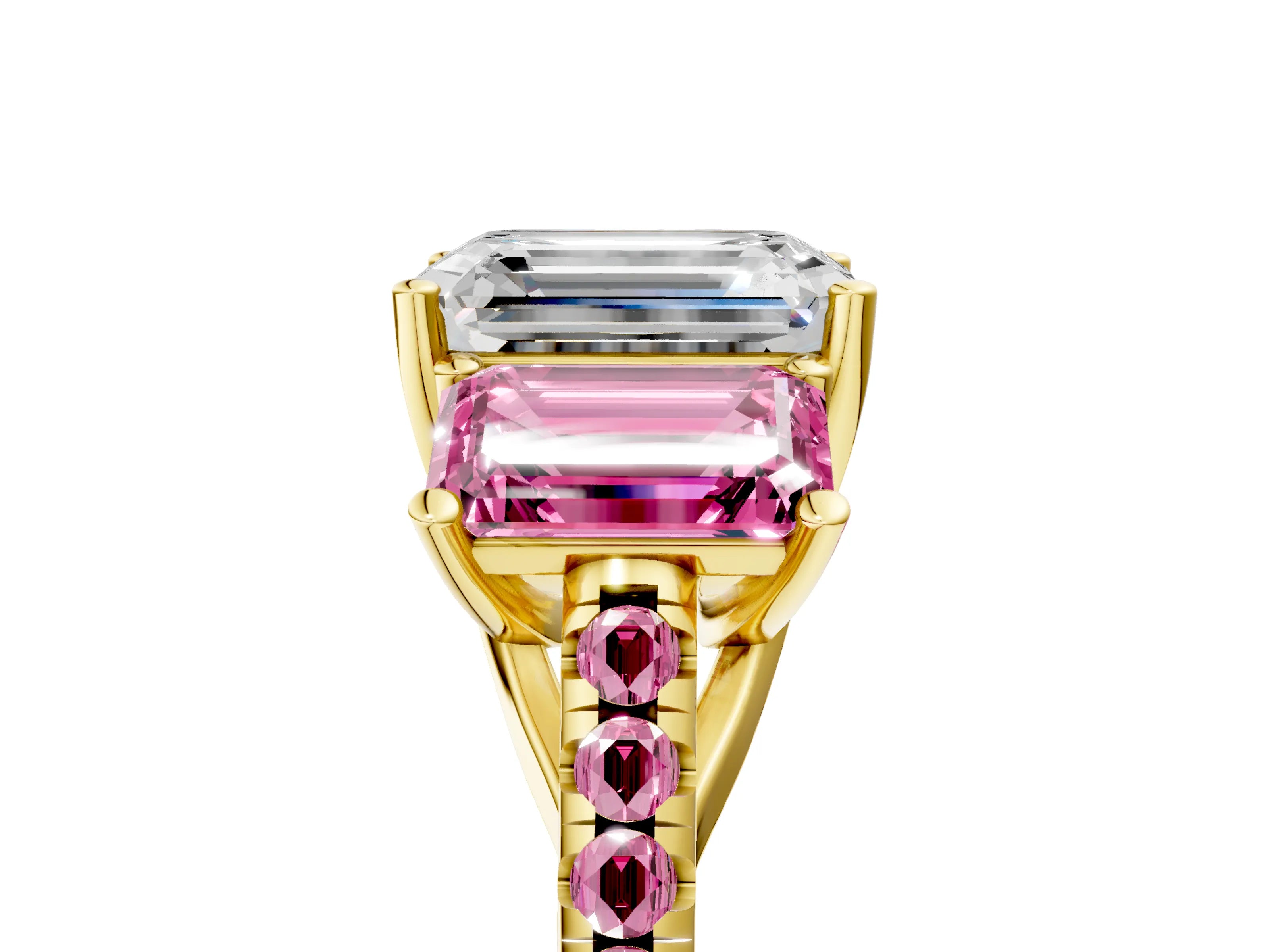 Yellow gold Three-Stone Emerald Cut Diamond Ring with Round with Pink Sapphire side stone Pavé Band and Prong Setting_5