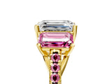 Yellow gold Three-Stone Emerald Cut Diamond Ring with Round with Pink Sapphire side stone Pavé Band and Prong Setting_5