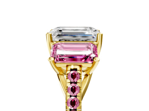 Yellow gold Three-Stone Emerald Cut Diamond Ring with Round with Pink Sapphire side stone Pavé Band and Prong Setting_5
