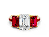 Yellow gold Three-Stone Emerald Cut Diamond Ring with Round with Ruby side stone Pavé Band and Prong Setting