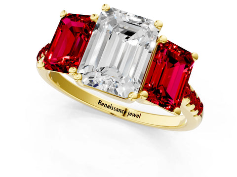 Yellow gold Three-Stone Emerald Cut Diamond Ring with Round with Ruby side stone Pavé Band and Prong Setting_1