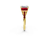 Yellow gold Three-Stone Emerald Cut Diamond Ring with Round with Ruby side stone Pavé Band and Prong Setting_2