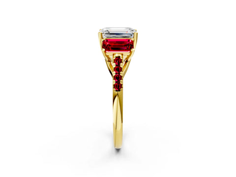Yellow gold Three-Stone Emerald Cut Diamond Ring with Round with Ruby side stone Pavé Band and Prong Setting_2