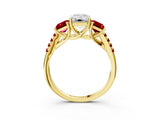 Yellow gold Three-Stone Emerald Cut Diamond Ring with Round with Ruby side stone Pavé Band and Prong Setting_3