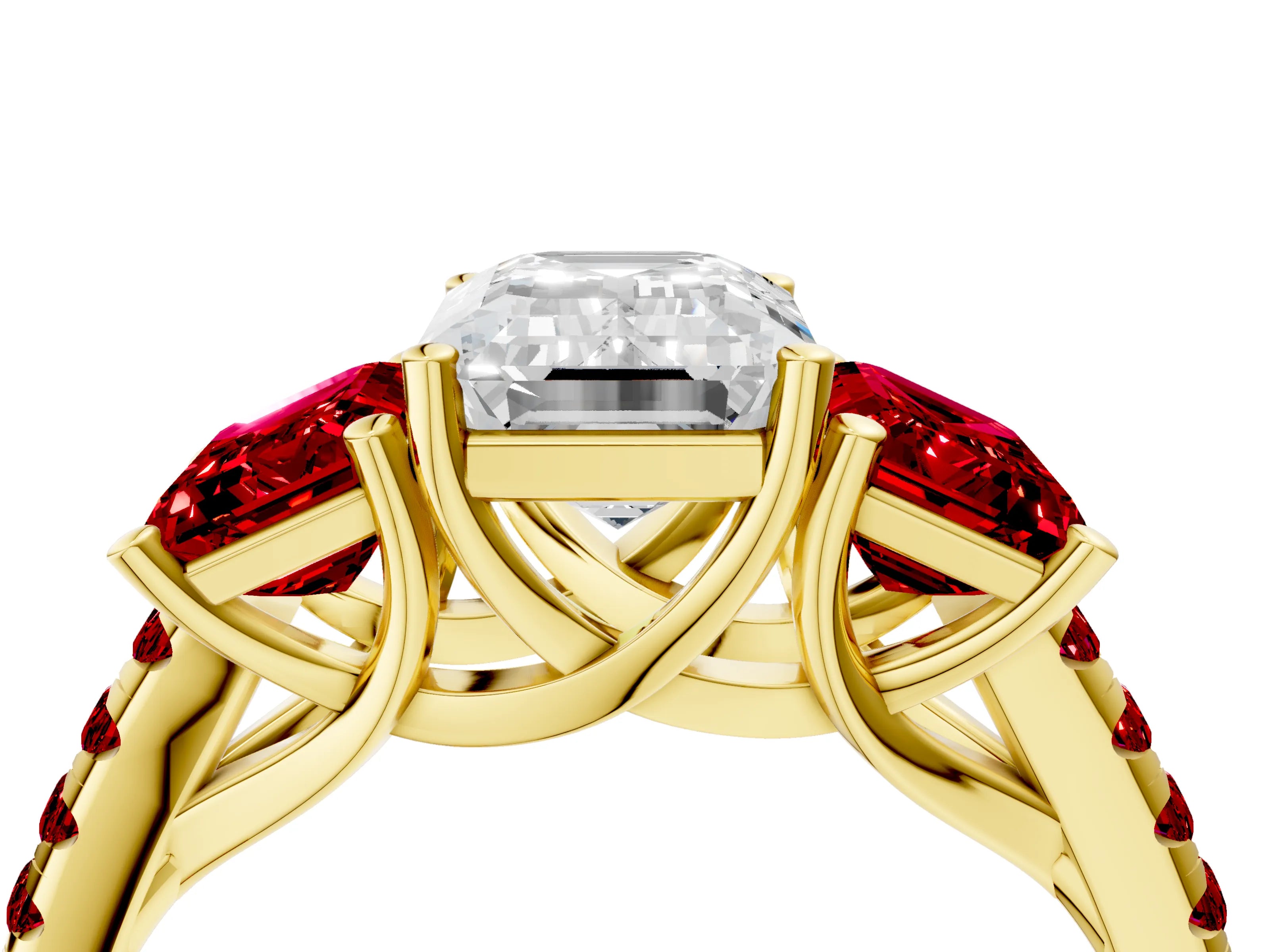 Yellow gold Three-Stone Emerald Cut Diamond Ring with Round with Ruby side stone Pavé Band and Prong Setting_4