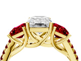 Yellow gold Three-Stone Emerald Cut Diamond Ring with Round with Ruby side stone Pavé Band and Prong Setting_4