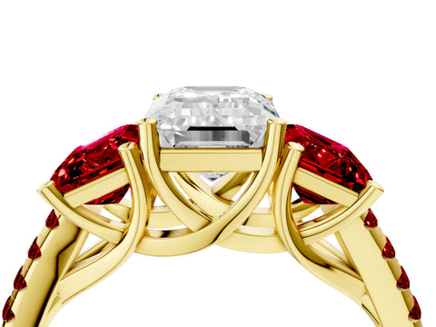Yellow gold Three-Stone Emerald Cut Diamond Ring with Round with Ruby side stone Pavé Band and Prong Setting_4