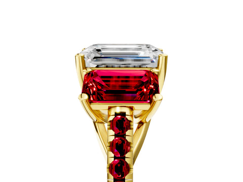 Yellow gold Three-Stone Emerald Cut Diamond Ring with Round with Ruby side stone Pavé Band and Prong Setting_5
