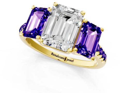 Yellow gold Three-Stone Emerald Cut Diamond Ring with Round with Tanzanite side stone Pavé Band and Prong Setting_1