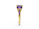 Yellow gold Three-Stone Emerald Cut Diamond Ring with Round with Tanzanite side stone Pavé Band and Prong Setting_2