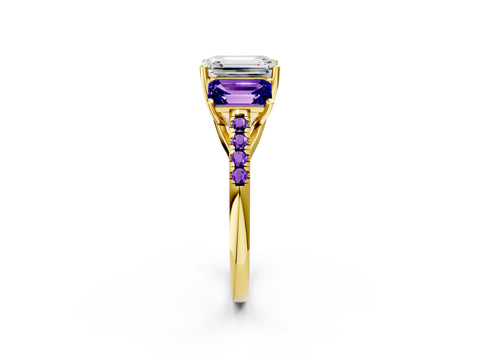 Yellow gold Three-Stone Emerald Cut Diamond Ring with Round with Tanzanite side stone Pavé Band and Prong Setting_2