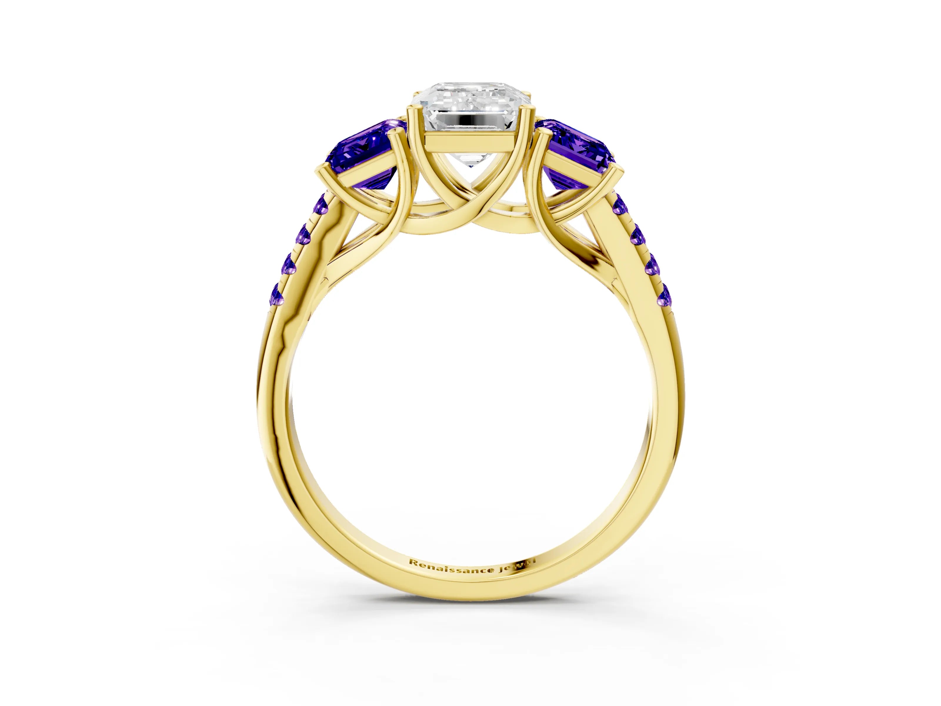 Yellow gold Three-Stone Emerald Cut Diamond Ring with Round with Tanzanite side stone Pavé Band and Prong Setting_3