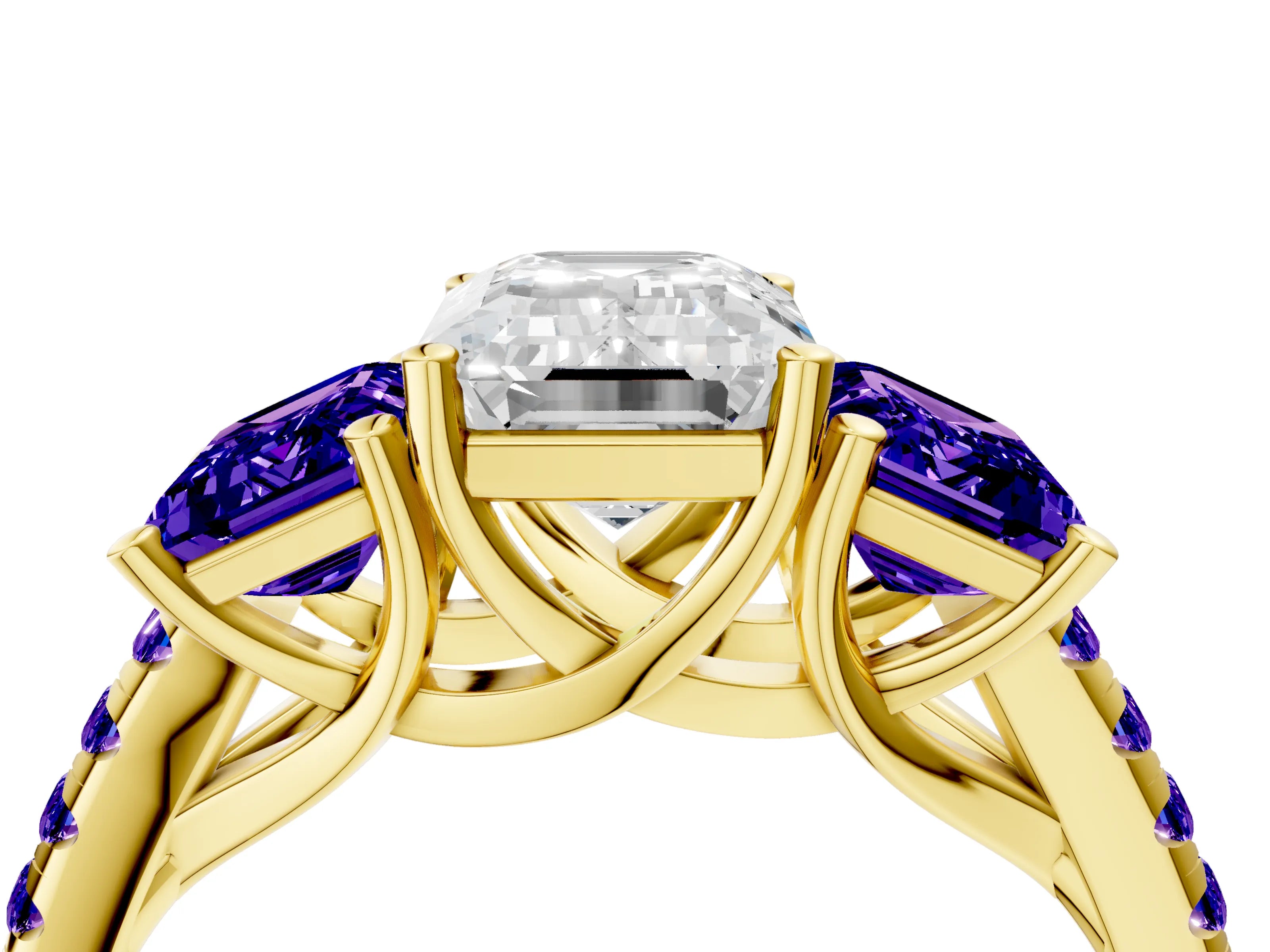 Yellow gold Three-Stone Emerald Cut Diamond Ring with Round with Tanzanite side stone Pavé Band and Prong Setting_4