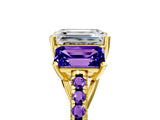 Yellow gold Three-Stone Emerald Cut Diamond Ring with Round with Tanzanite side stone Pavé Band and Prong Setting_5