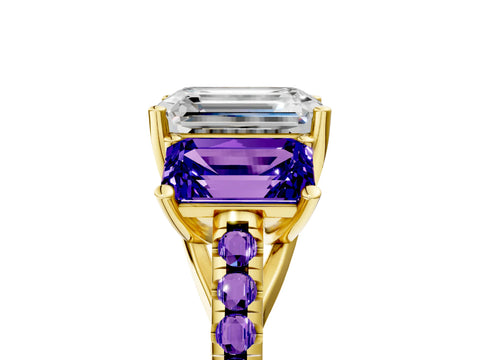 Yellow gold Three-Stone Emerald Cut Diamond Ring with Round with Tanzanite side stone Pavé Band and Prong Setting_5