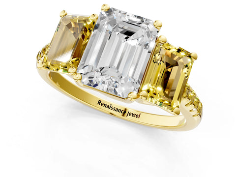 Yellow gold Three-Stone Emerald Cut Diamond Ring with Round with Yellow Sapphire side stone Pavé Band and Prong Setting_1