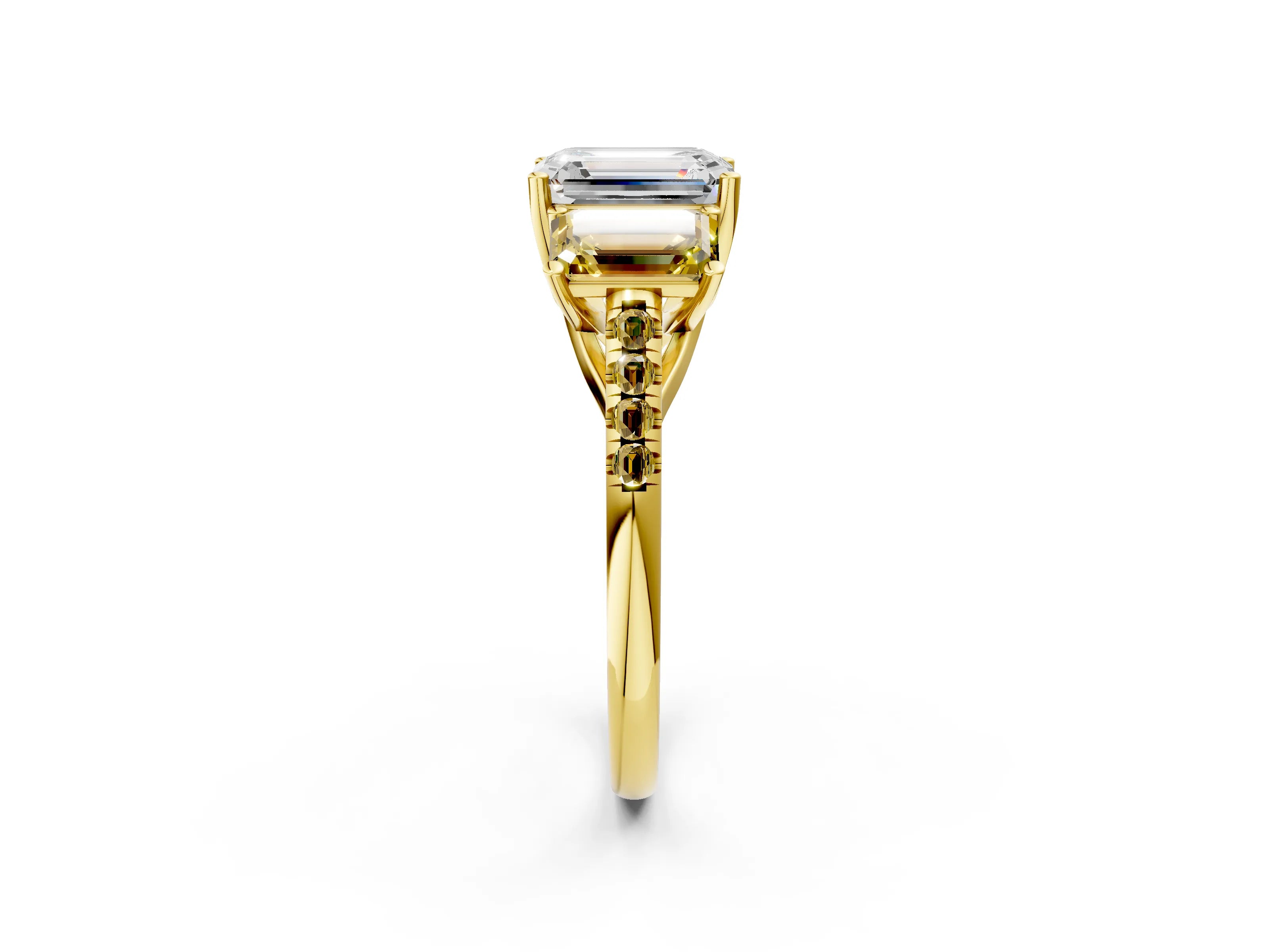 Yellow gold Three-Stone Emerald Cut Diamond Ring with Round with Yellow Sapphire side stone Pavé Band and Prong Setting_2