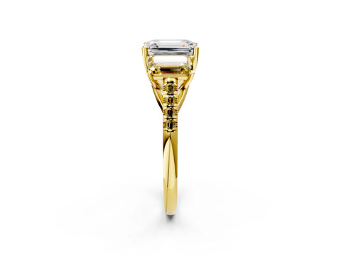 Yellow gold Three-Stone Emerald Cut Diamond Ring with Round with Yellow Sapphire side stone Pavé Band and Prong Setting_2