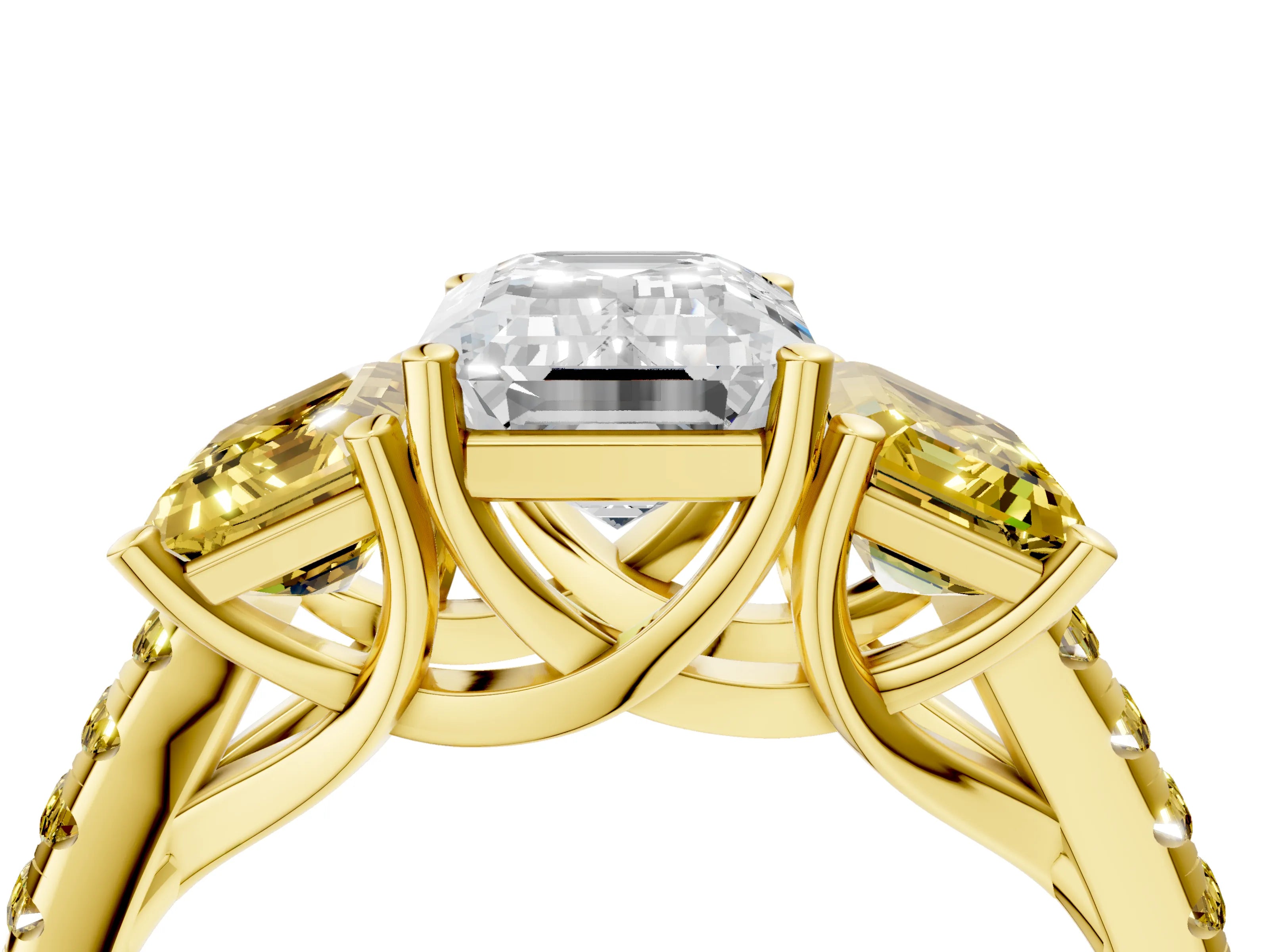 Yellow gold Three-Stone Emerald Cut Diamond Ring with Round with Yellow Sapphire side stone Pavé Band and Prong Setting_4