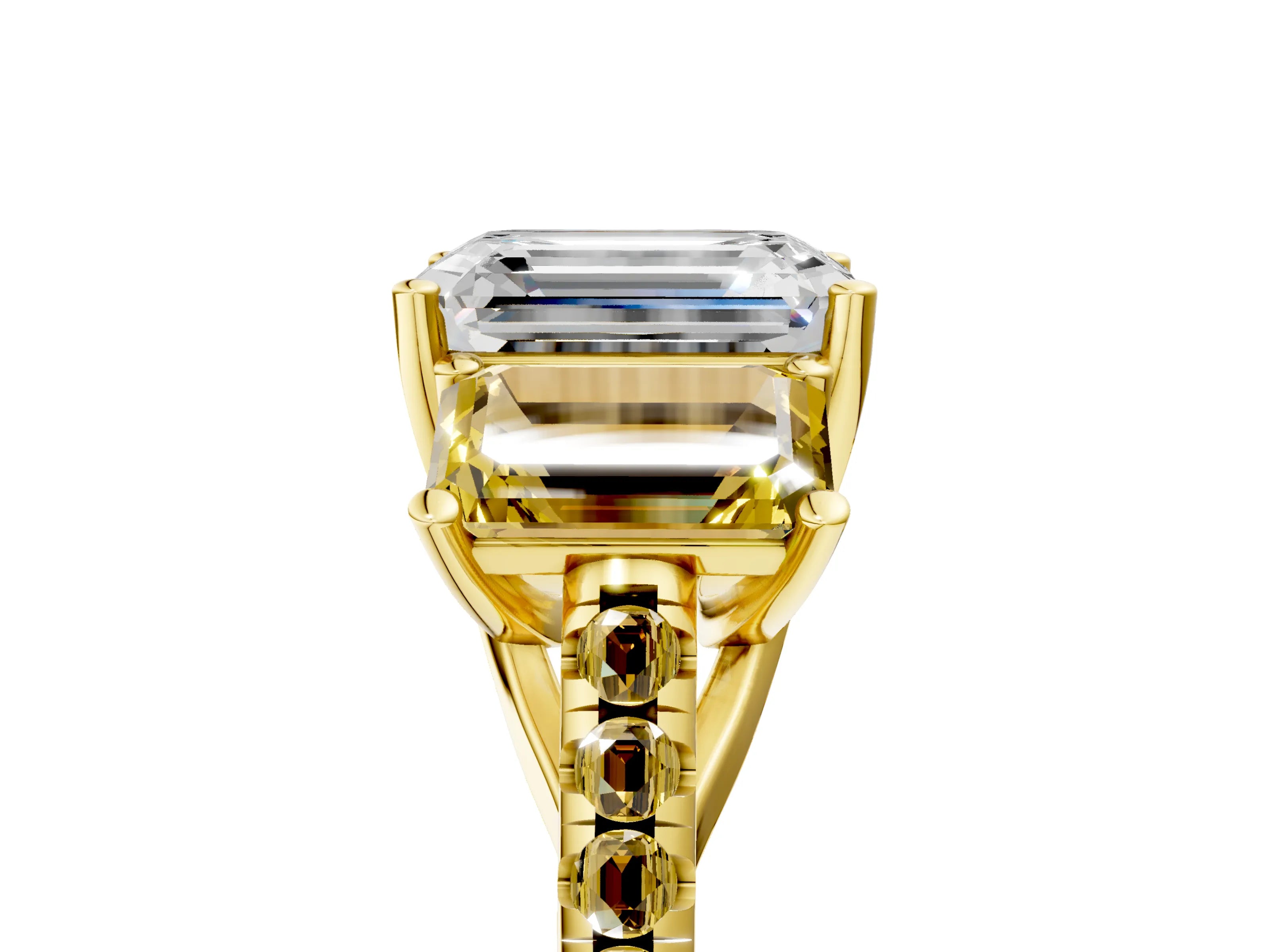 Yellow gold Three-Stone Emerald Cut Diamond Ring with Round with Yellow Sapphire side stone Pavé Band and Prong Setting_5