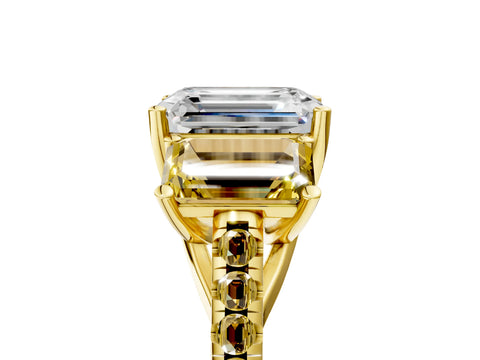 Yellow gold Three-Stone Emerald Cut Diamond Ring with Round with Yellow Sapphire side stone Pavé Band and Prong Setting_5