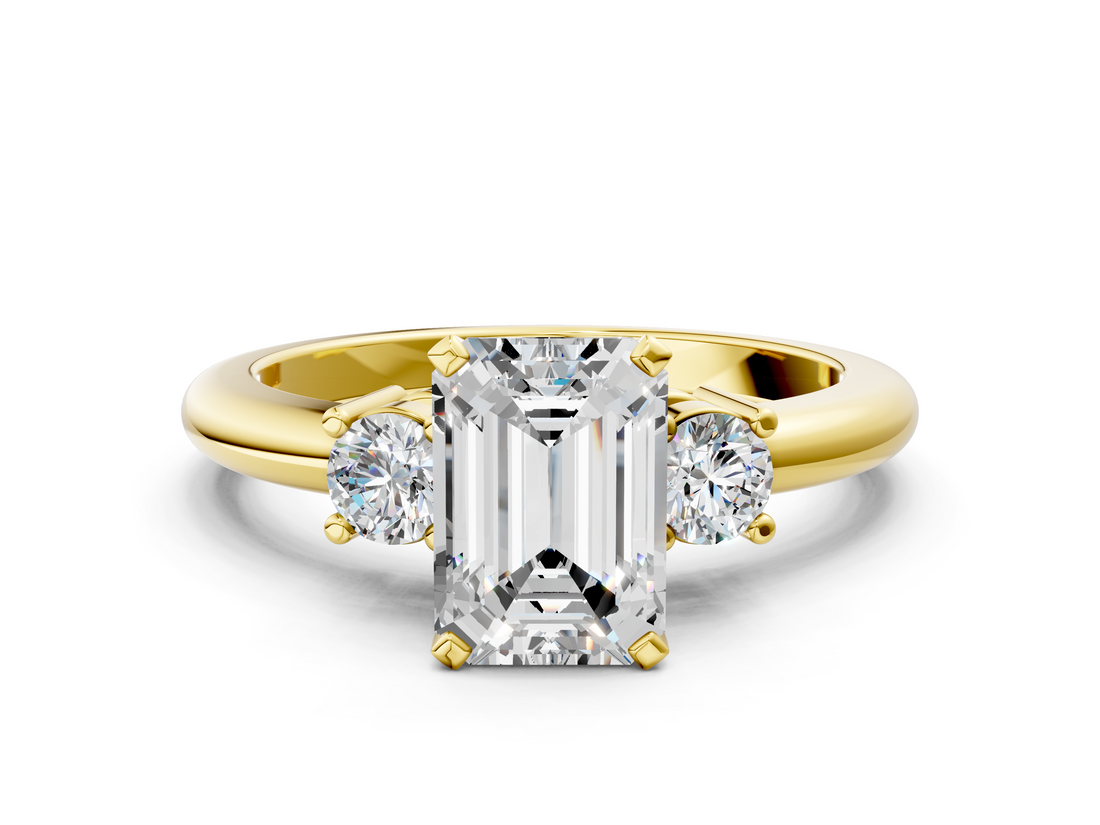Yellow gold Three-Stone Emerald Cut Diamond Solitaire with Prong Setting and Classic Band_53