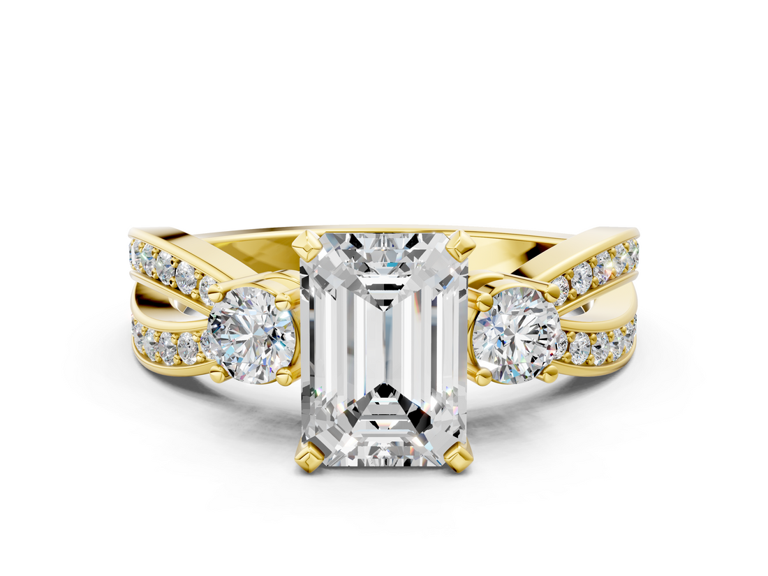 Yellow gold Three-Stone Emerald Cut Diamond Twist Band with Prong Setting_73