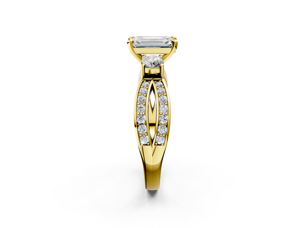 Yellow Gold Emerald Cut Three Stone Engagement Ring Setting with Graduated Pave Split Twist Band
