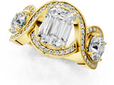 Yellow gold Three-Stone Emerald Cut Diamond Wave Pave Band with Prong Setting_10