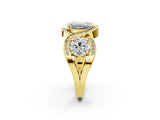 Yellow gold Three-Stone Emerald Cut Diamond Wave Pave Band with Prong Setting_11