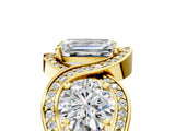 Yellow gold Three-Stone Emerald Cut Diamond Wave Pave Band with Prong Setting_14
