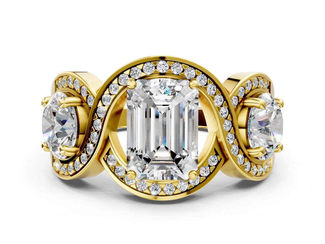 Yellow gold Three-Stone Emerald Cut Diamond Wave Pave Band with Prong Setting_9