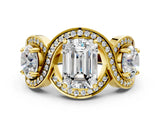Yellow gold Three-Stone Emerald Cut Diamond Wave Pave Band with Prong Setting_9