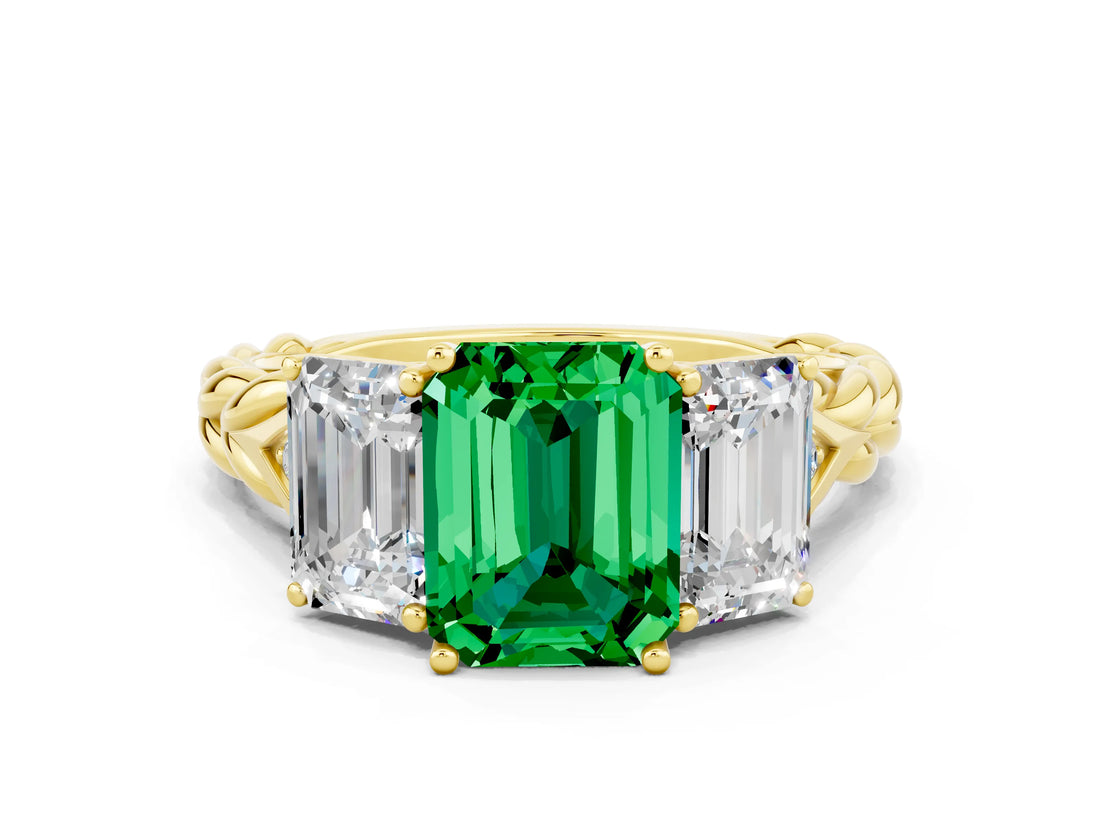 Yellow gold Three-Stone Emerald Cut Emerald Braided Band Ring with Four-Prong Setting_36