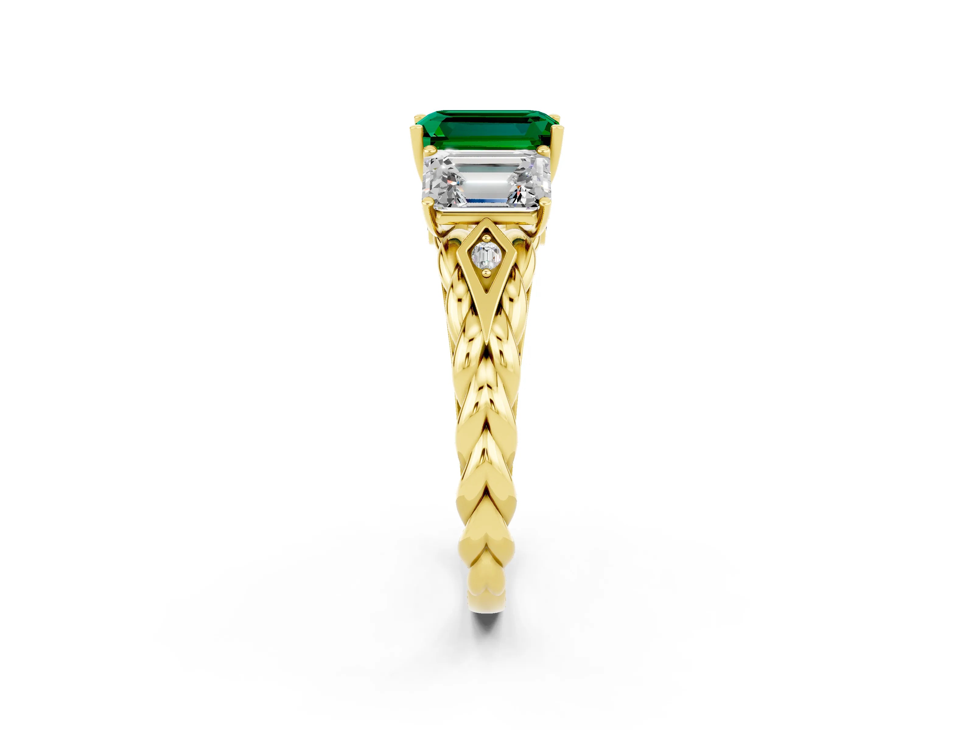 Yellow gold Three-Stone Emerald Cut Emerald Braided Band Ring with Four-Prong Setting_38