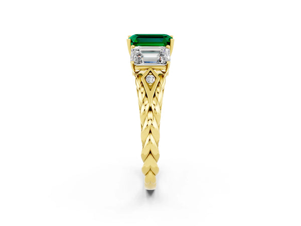 Yellow gold Three-Stone Emerald Cut Emerald Braided Band Ring with Four-Prong Setting