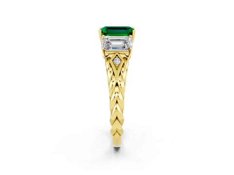 Yellow gold Three-Stone Emerald Cut Emerald Braided Band Ring with Four-Prong Setting_38