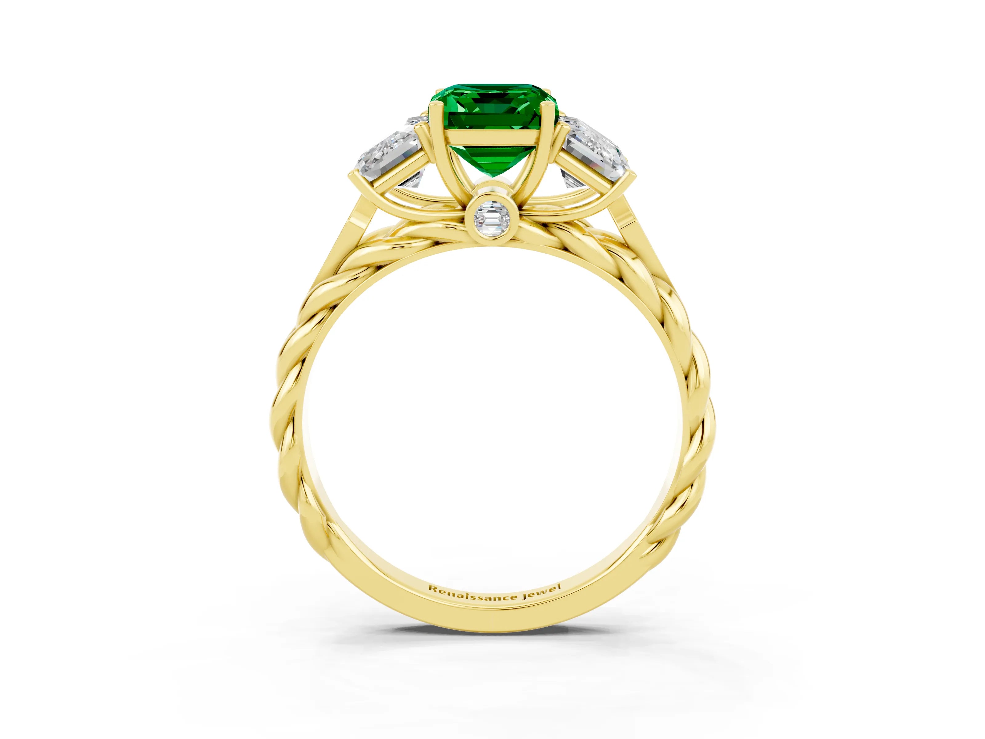 Yellow gold Three-Stone Emerald Cut Emerald Braided Band Ring with Four-Prong Setting_39