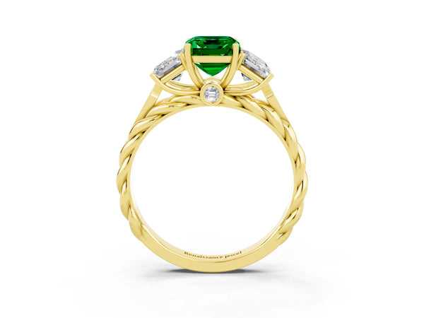 Yellow gold Three-Stone Emerald Cut Emerald Braided Band Ring with Four-Prong Setting
