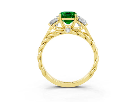 Yellow gold Three-Stone Emerald Cut Emerald Braided Band Ring with Four-Prong Setting_39
