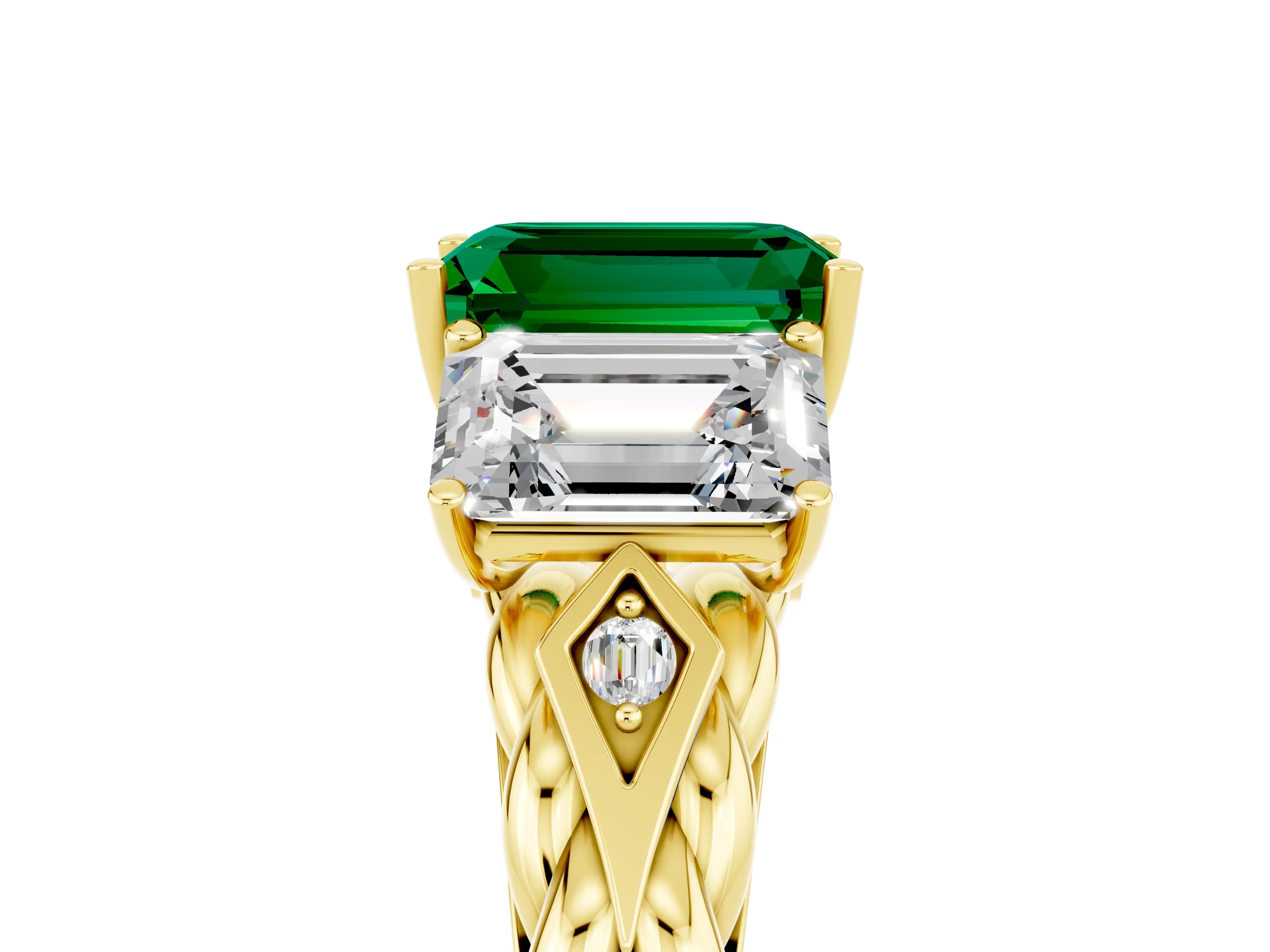 Yellow gold Three-Stone Emerald Cut Emerald Braided Band Ring with Four-Prong Setting_41