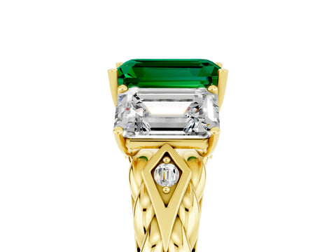 Yellow gold Three-Stone Emerald Cut Emerald Braided Band Ring with Four-Prong Setting_41