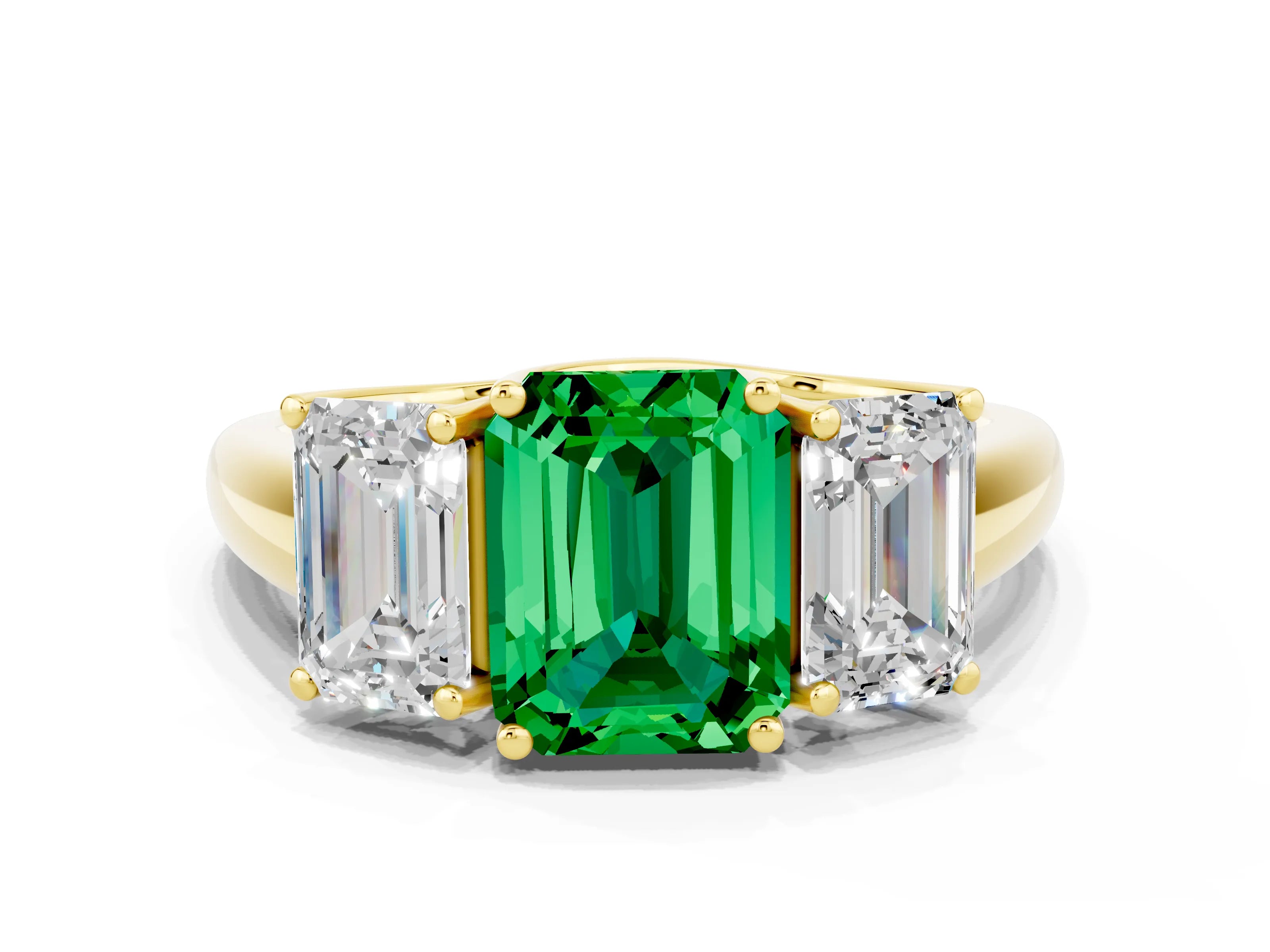 Yellow gold Three-Stone Emerald Cut Emerald Engagement Ring with Prong Setting