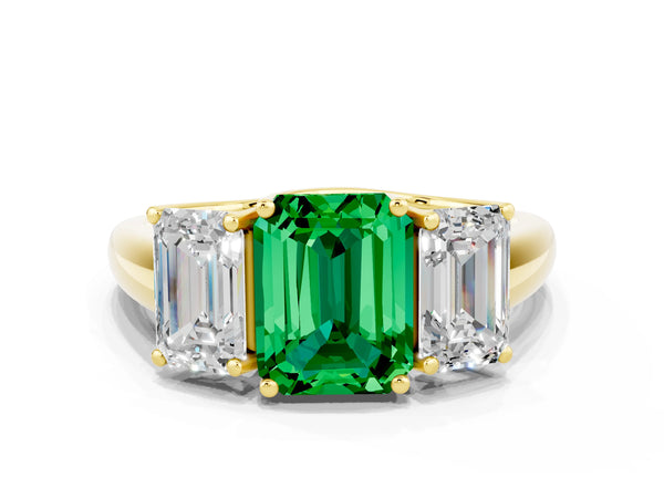 Yellow gold Three-Stone Emerald Cut Emerald Engagement Ring with Prong Setting