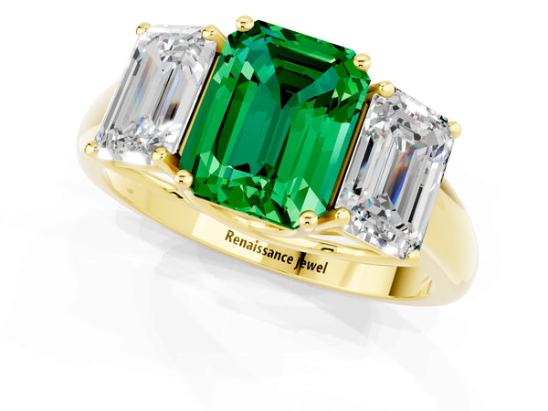 Yellow gold Three-Stone Emerald Cut Emerald Engagement Ring with Prong Setting