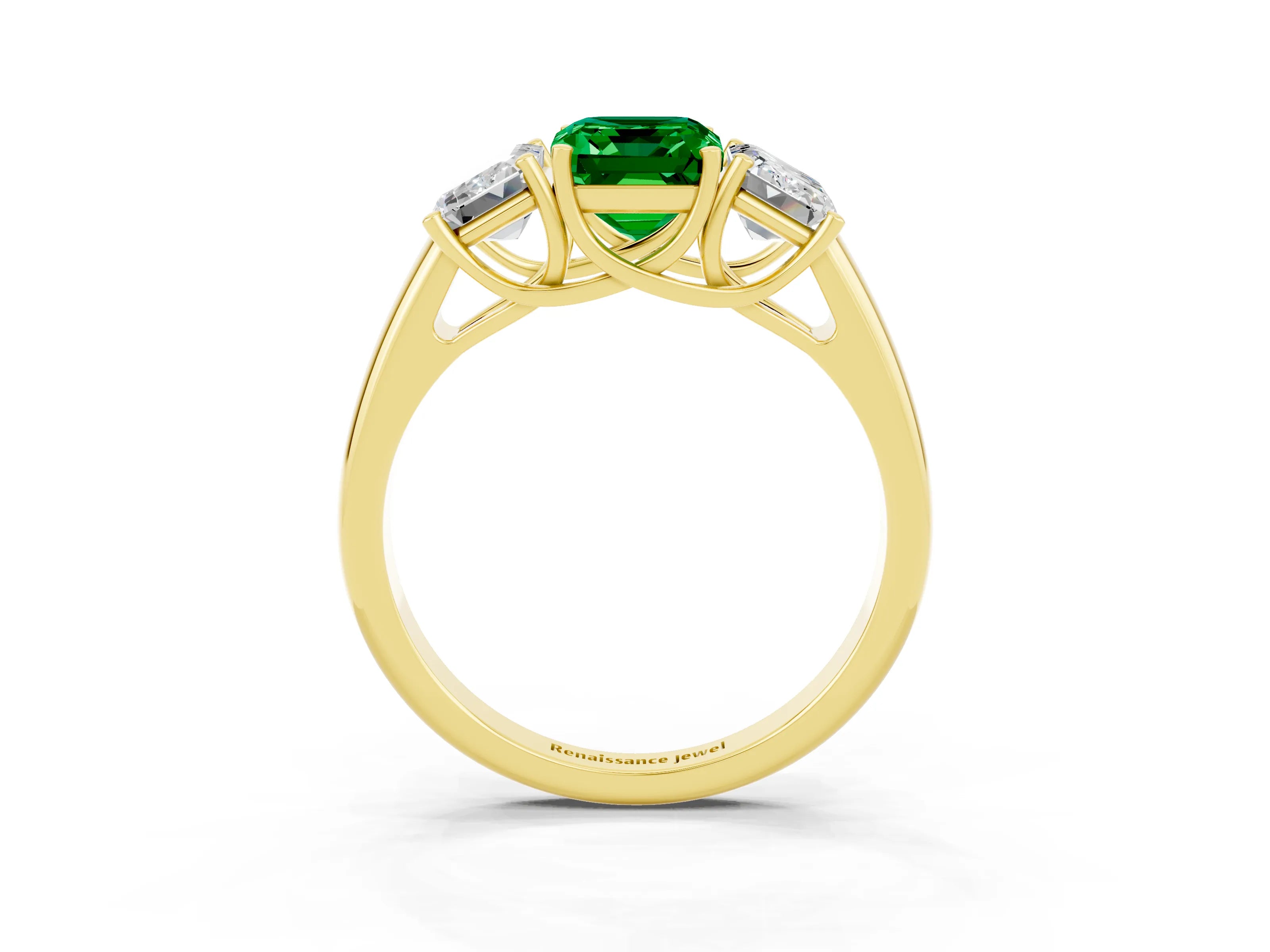 Yellow gold Three-Stone Emerald Cut Emerald Engagement Ring with Prong Setting_3