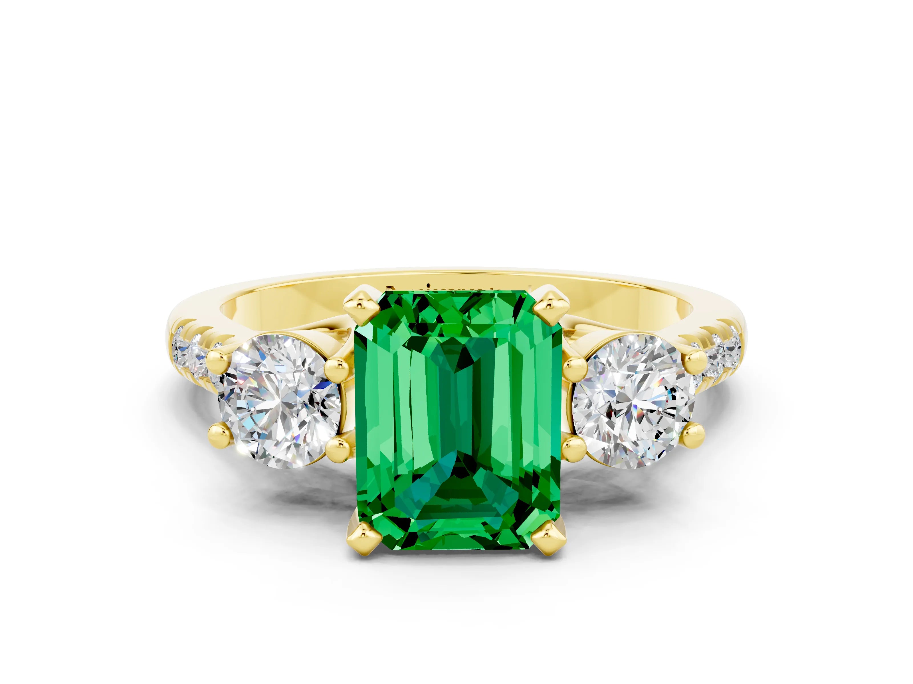 Yellow gold Three-Stone Emerald Cut Emerald Pavé Band with Four-Prong Setting